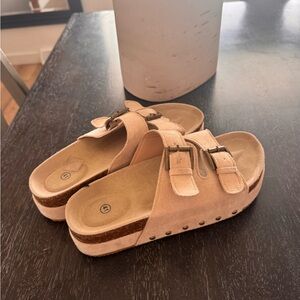 Stylish Beige Suede Buckle Mules